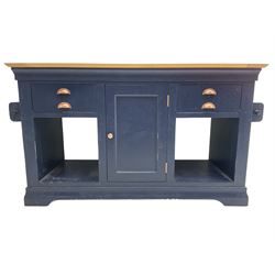 Kitchen island, oak top with black granite inset, on dark blue painted base fitted with cupboards and drawers