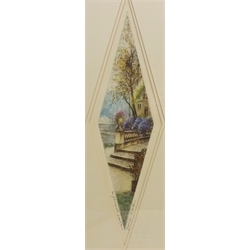  Jean Joseph Chabridon (French 20th century): 'Le Pont Fleure' & 'Entree du Manoir', pair mid 20th century lozenge shaped hand coloured etchings signed inscribed and titled in pencil 38cm x 12cm (2)   