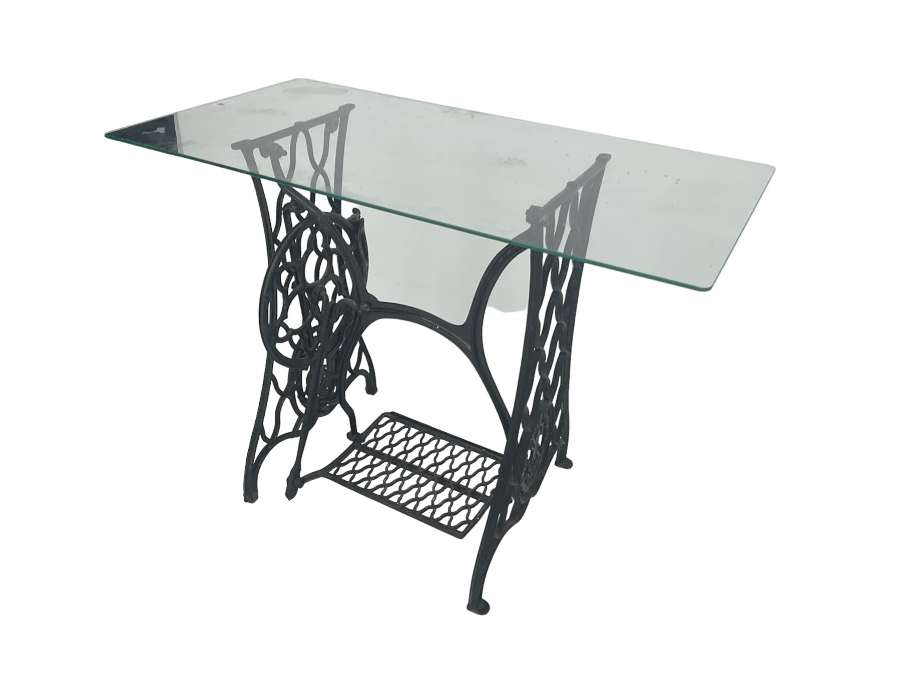 Singer - early 20th century cast iron sewing machine table, with rectangular glass top