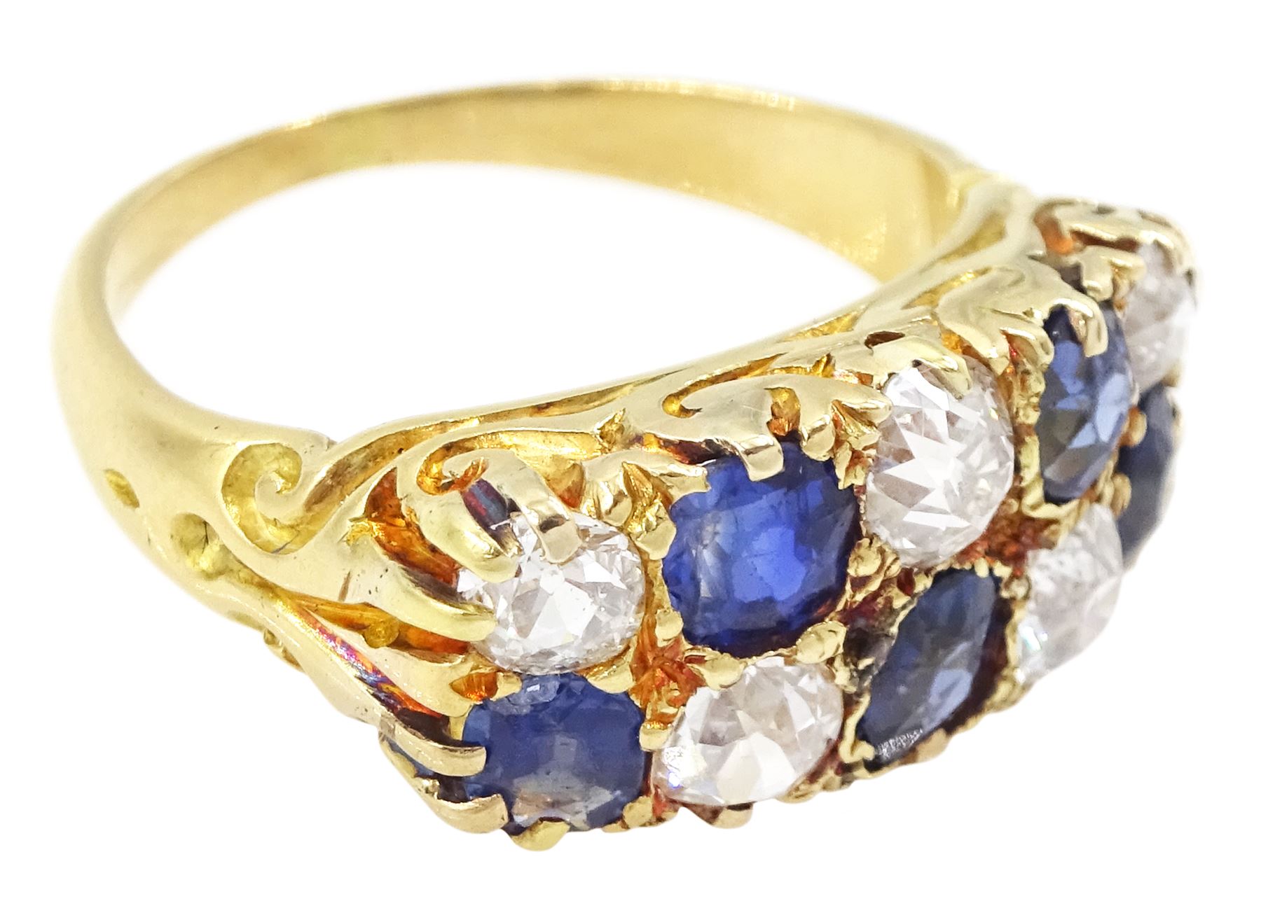 Victorian 18ct gold two row diamond and sapphire ring, alternating circular and oval mixed cut sapphires and old cut diamonds, total diamond weight approx 0.75 carat
