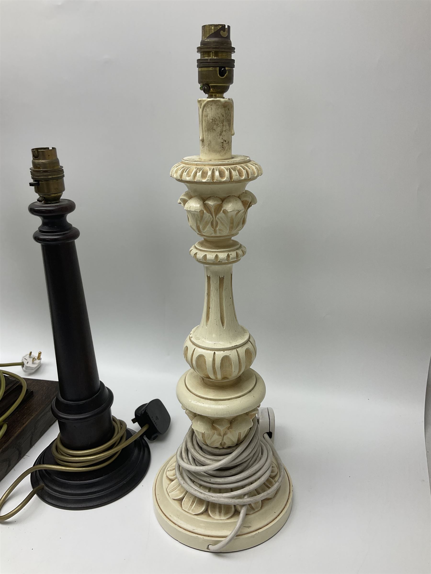 19th century oak barley twist table lamp, together with three other table lamps, including off white painted foliate example, tallest H86cm