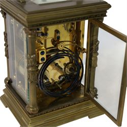 French - 8-day striking carriage clock with alarm and repeat functions, c1900,  case of architectural form with swing handle, gilt dial mask alarm setting dial and enamel chapter, Arabic numerals and blued steel hands, rack striking movement, striking the hours, half-hours and repeat on a coiled gong, with a silvered lever platform escapement, in running condition with key, 14.5cm high 10.5cm wide