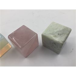 Ten cube mineral specimens, each cut and polished to highlight natural formations, including tiger eye, green aventurine, rose quartz, opalite, amethyst etc, H3cm 
