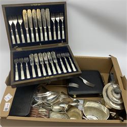 Quantity of mostly silver plate, to include three piece part fluted tea set, cased set of fish knives and forks with mother of pearl handles, cased set of teaspoons and sugar tongs, loose flatware, etc., in one box 