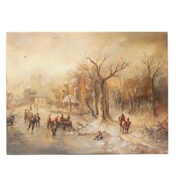 Mária Toldy (Hungarian 1939-) after Fredrik Marinus Kruseman (Dutch 1816-1882): Woodland Ice Skating Scene, pair of oils on panel signed 19cm x 25cm (2) (unframed)