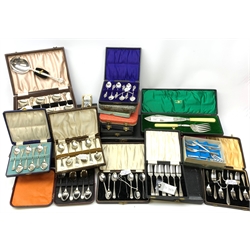 A large selection of cased mostly silver plated flatware, to include Walker and Hall servers with ivory handles and foliate engraved blade and prongs, a number of sets of teaspoons, butter knives, pastry forks, dessert spoons, etc.    