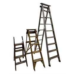 Slingsby - large pair of wooden ladders; G A Jones's - wooden steps; and a small wooden step ladder (3)