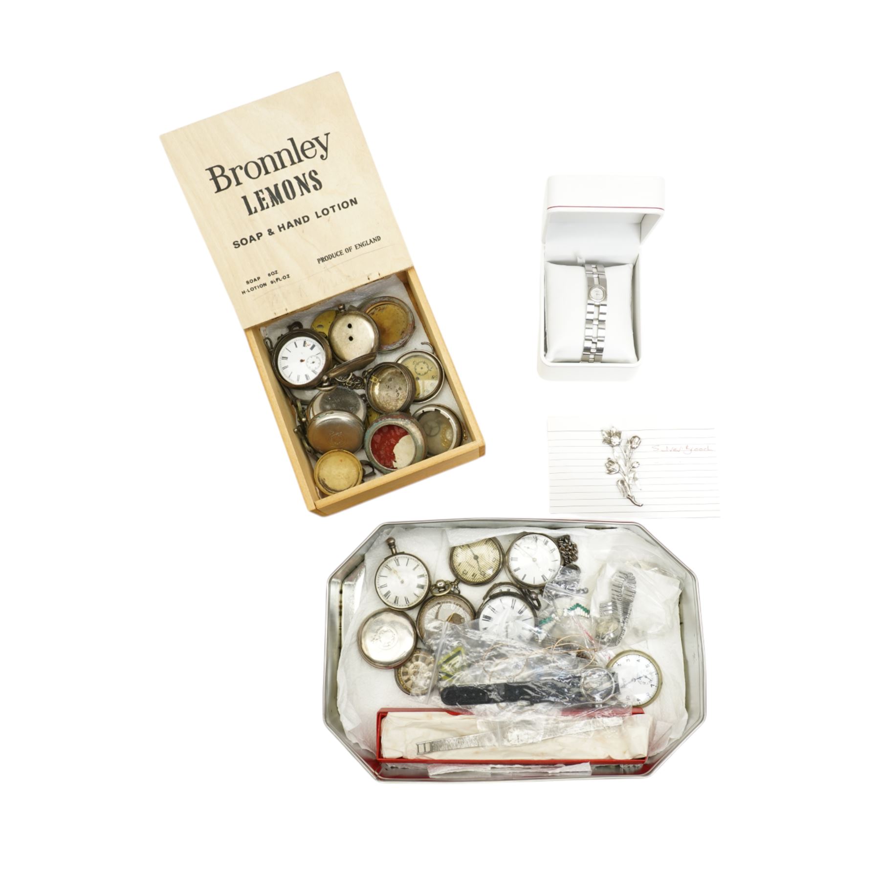 19th century silver verge fusee pocket watch and a collection of silver and nickle pocket watch, silver wristwatch and other costume jewellery