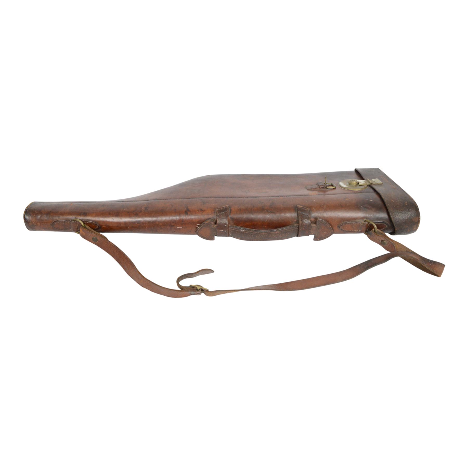 Leather leg of mutton shotgun case, with brass lock plate, L81cm, together with a walnut topped thumbstick L140.5cm, and a blackthorn walking stick L112cm