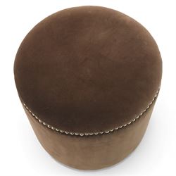 Oka - Costellina circular ottoman stool upholstered in truffle velvet, metal studs lining the top edge