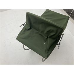 Silver Cross coach-built doll's pram with green fold-down hood and cover, sprung tubular frame, chrome and white handle, four spoked wheels with brake, mattress, pillow and bedding L97cm