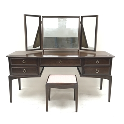 Stag mahogany dressing table, raised three piece mirror back, five drawers, square tapering supports (W153cm, H130cm, D50cm) and a matching stool