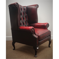  Georgian style wingback armchair upholstered in ox blood red leather, cabriole legsW91cm  