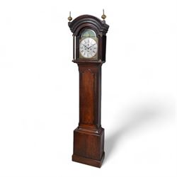 Benjamin Booth of Pontefract - 8-day oak longcase clock c1790. with a stepped broken arched pediment, deep cornice with dog tooth moulding and two brass finials, break arch hood door with flanking reeded pilasters and gesso capitals, trunk with canted corners and a long break arch topped door, on a rectangular plinth with applied skirting, brass dial with rocking ship automata and makers name to to the arch, with bordered cast spandrels and an silvered engraved dial centre, chapter with Roman numerals and five minute Arabic's, matching steel hands , calendar and seconds dials, movement pinned to a rack striking movement with a recoil anchor escapement. With weights, pendulum and key.
Benjamin Booth is recorded as being apprenticed to John Booth of Huddersfield in 1760 and working in Pontefract c1766 until his death in 1806. 