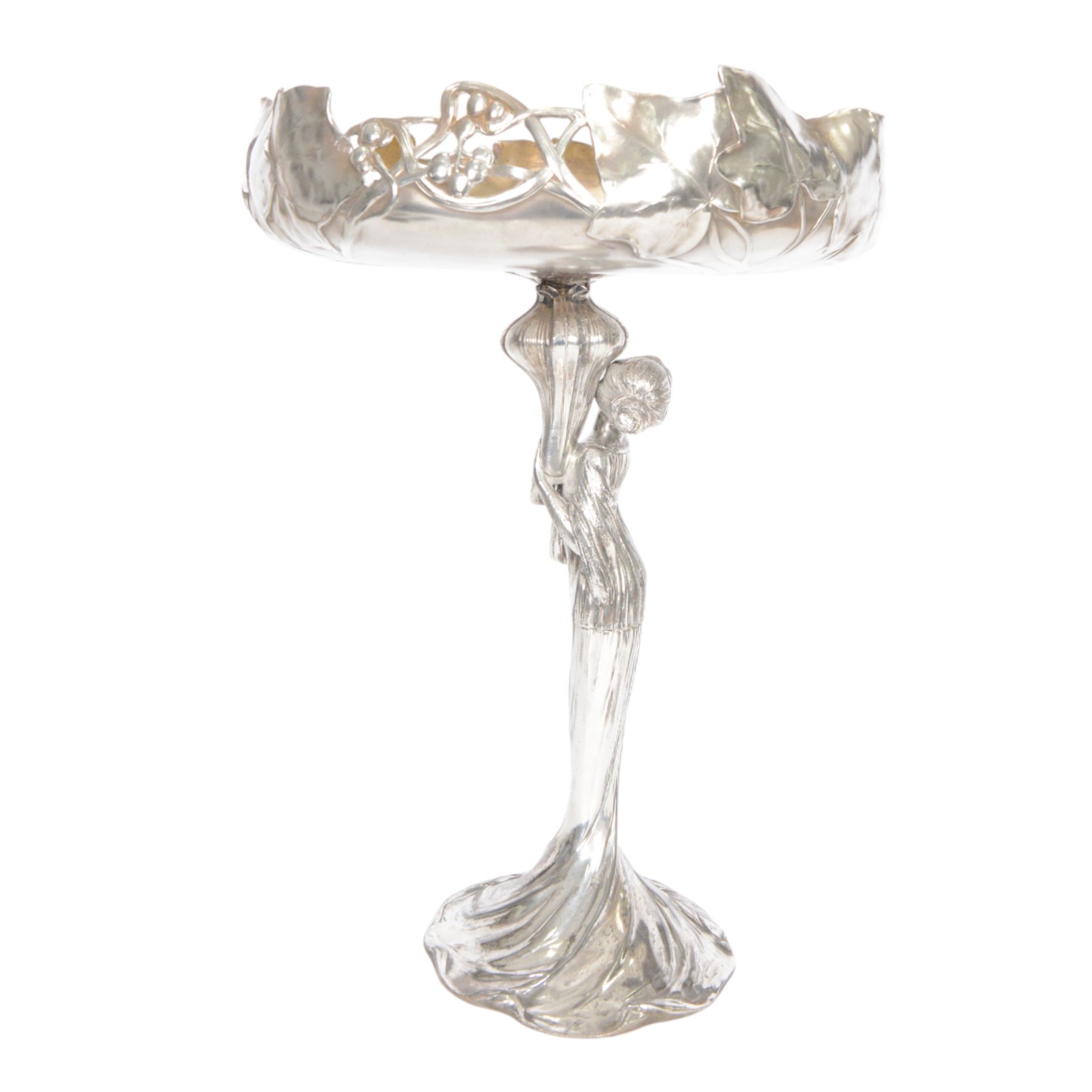 WMF figural centre piece the pedestal in the form of a woman, holding flower bud, the bowl decorate with vine leaves and berries, mark stamped to base, H38cm