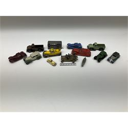 Various Makers - thirteen unboxed and playworn early die-cast models comprising three DG Models cars; two open back trucks; breakdown truck and fire-car; Britains small-scale Sedan; two coupe cars; Johillco double deck bus; Fire-Engine with four fire-men; and battleship on wheels (13)