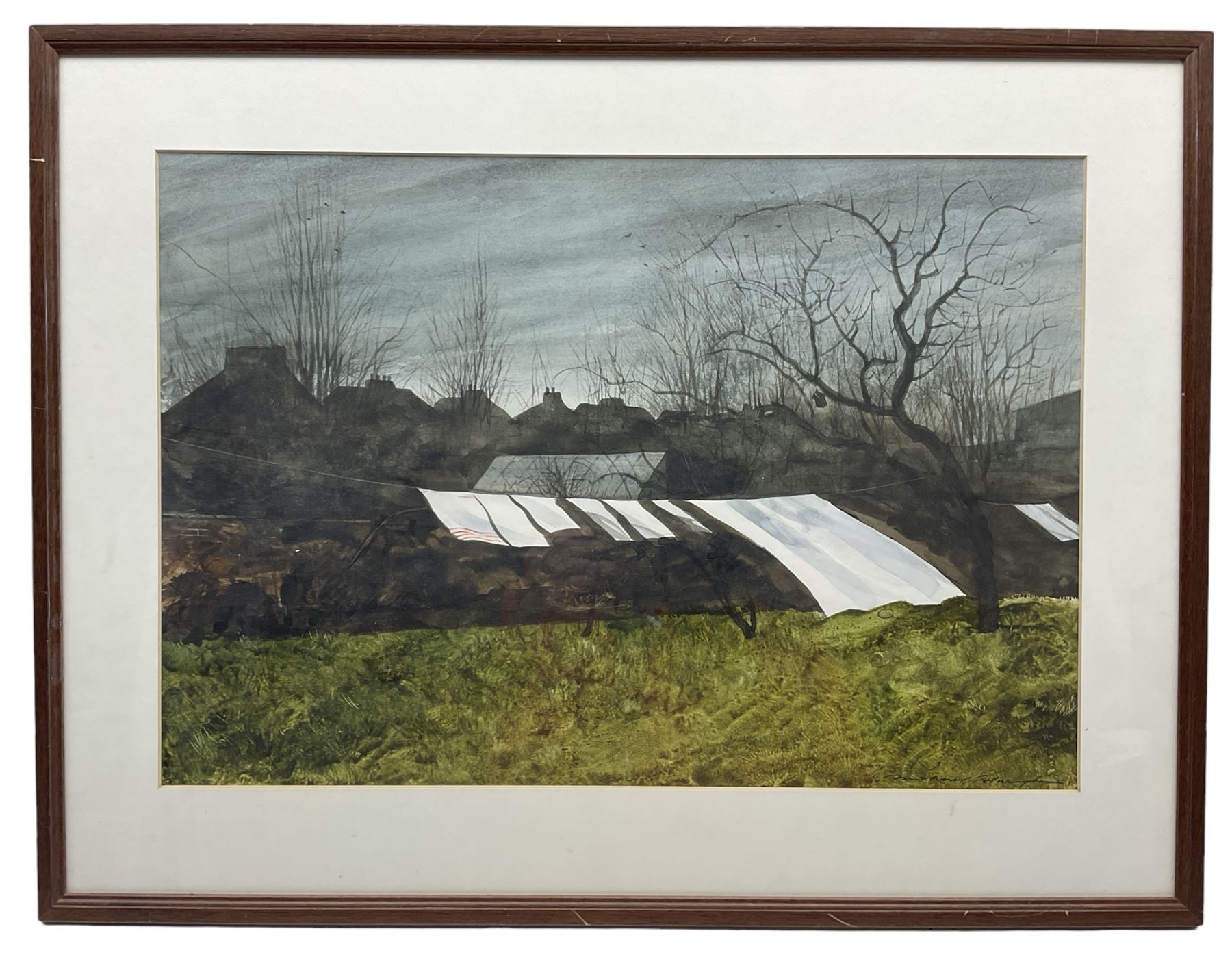 Michael Felmingham (British 1935-): Washing Drying with Rooftop Silhouette, watercolour signed 35cm x 51cm