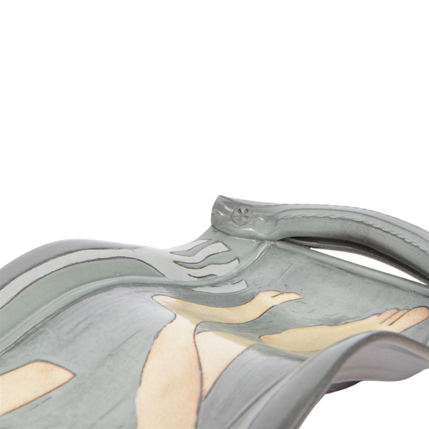 Studio pottery twin handled platter, of waved form, decorated with a female swimmer, L84cm, D22cm