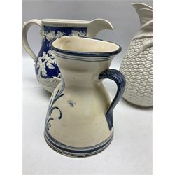 Victorian feldspathic stoneware jug with hunting scene, together with a Victorian Majolica corn jug and another jug 