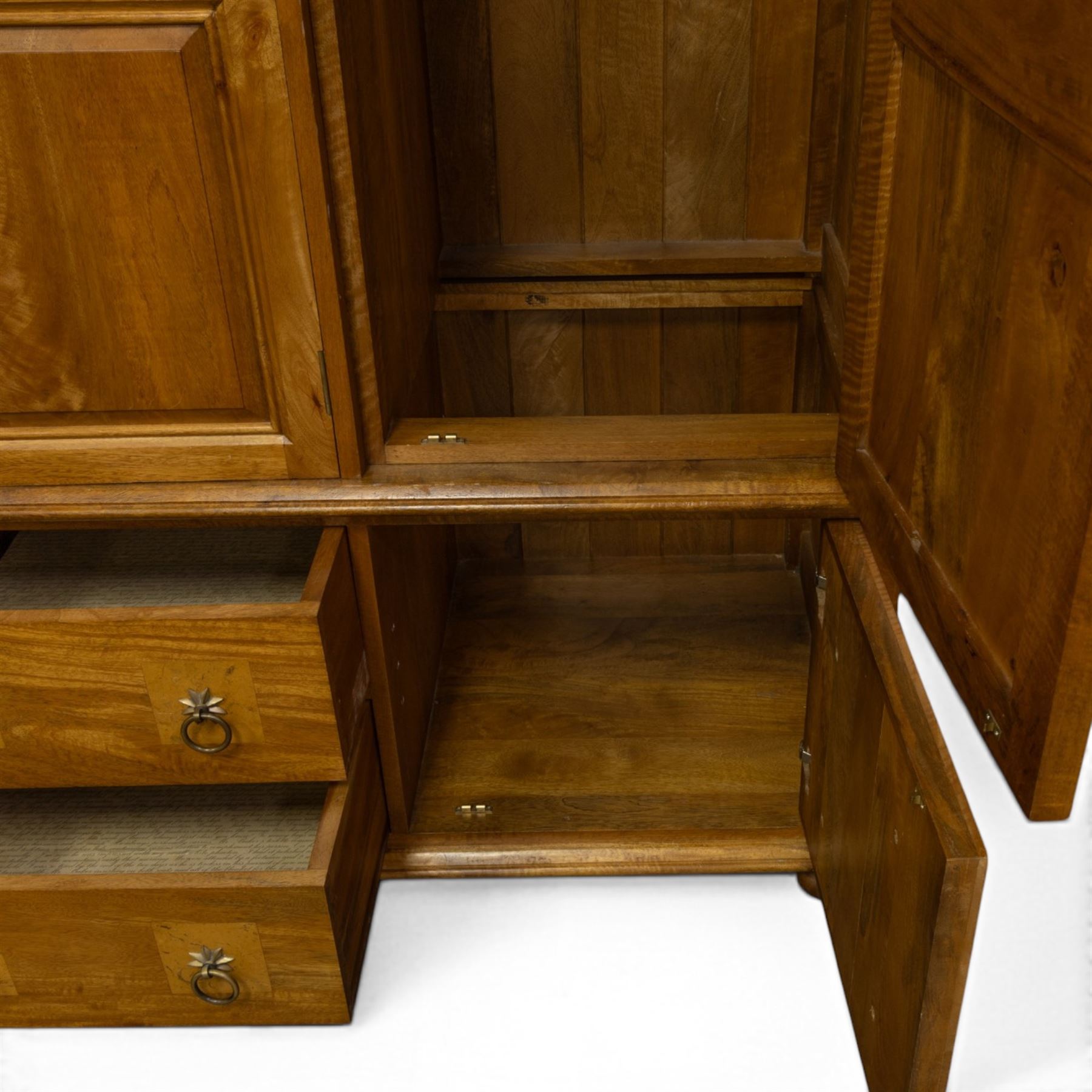 Barker & Stonehouse - contemporary flagstone and mango wood triple wardrobe and bedside cabinet, triple wardrobe with double doors revealing a full length wooden hanging rail, flanked by a cupboard with shelved interior, raised on a base with cupboard and drawers, turned bun feet