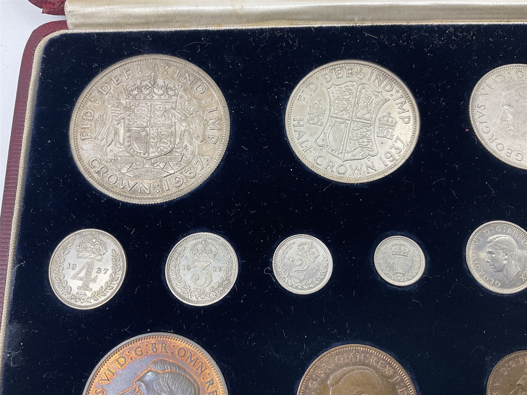 King George VI 1937 specimen coin set, fifteen coins from farthing to crown including Maundy money, in the original case