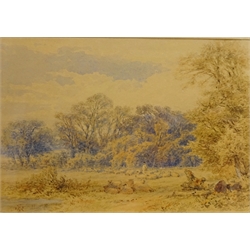  Shepherd and Sheep in Rural Landscape, 19th century watercolour signed with monogram G F R?, Figures in a Landscape, two etchings by James Basire after Guercino and two others by Bartolozzi max 27.5cm x 46.5cm (5)  