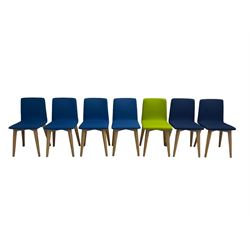 Elite - set thirteen office chairs, back and seat upholstered in blue, navy blue, grey and lime green, raised on square tapering beech supports