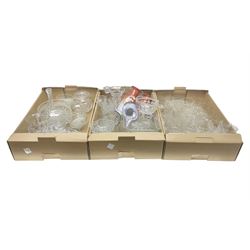 Four boxes of glassware to include painted vases, jugs, drinking glasses, art glass vase etc