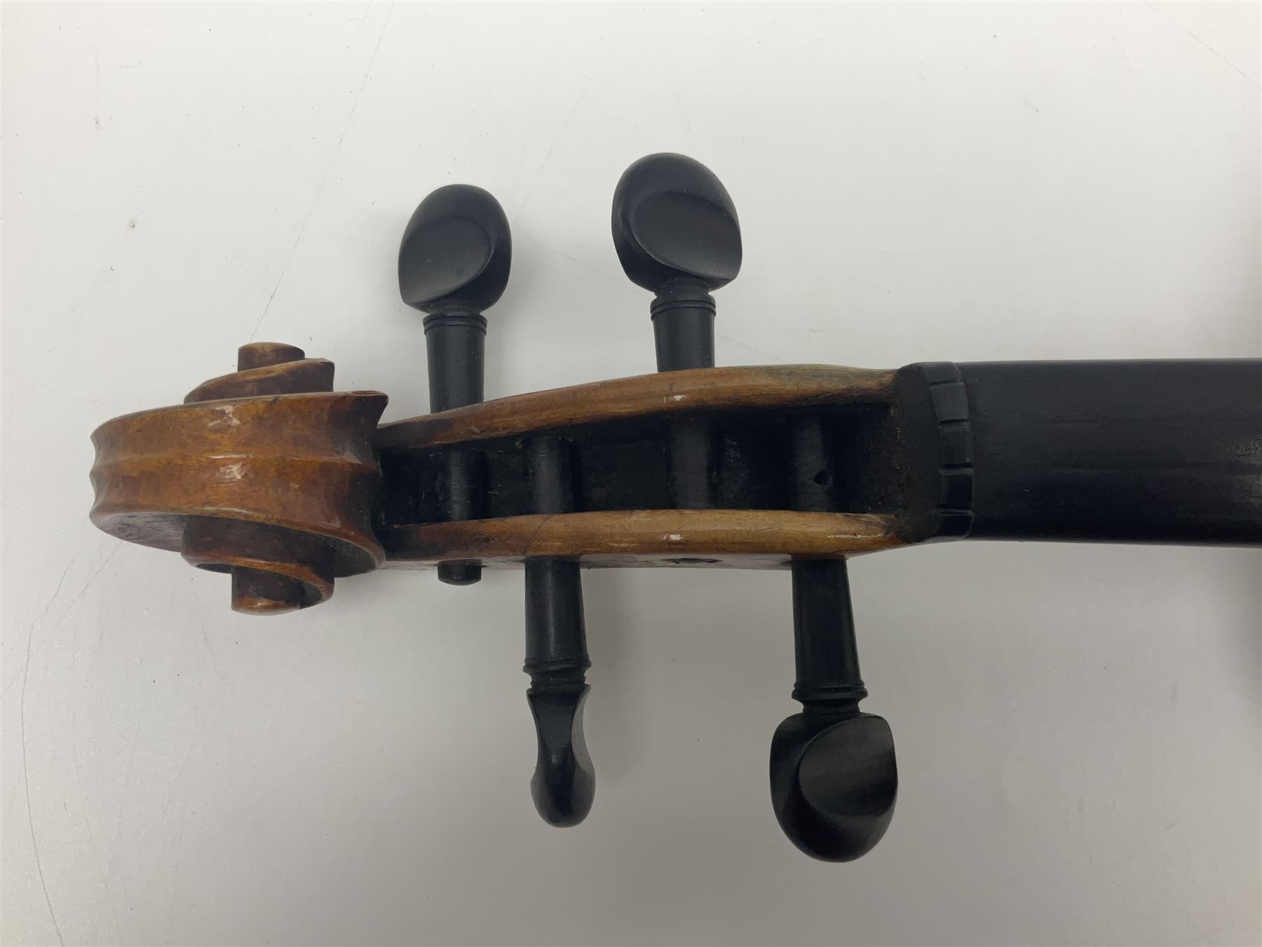German violin c1900 for re-assembly with 36cm two-piece maple back and ribs and spruce top; L59cm; in ebonised wooden 'coffin' case with two bows
