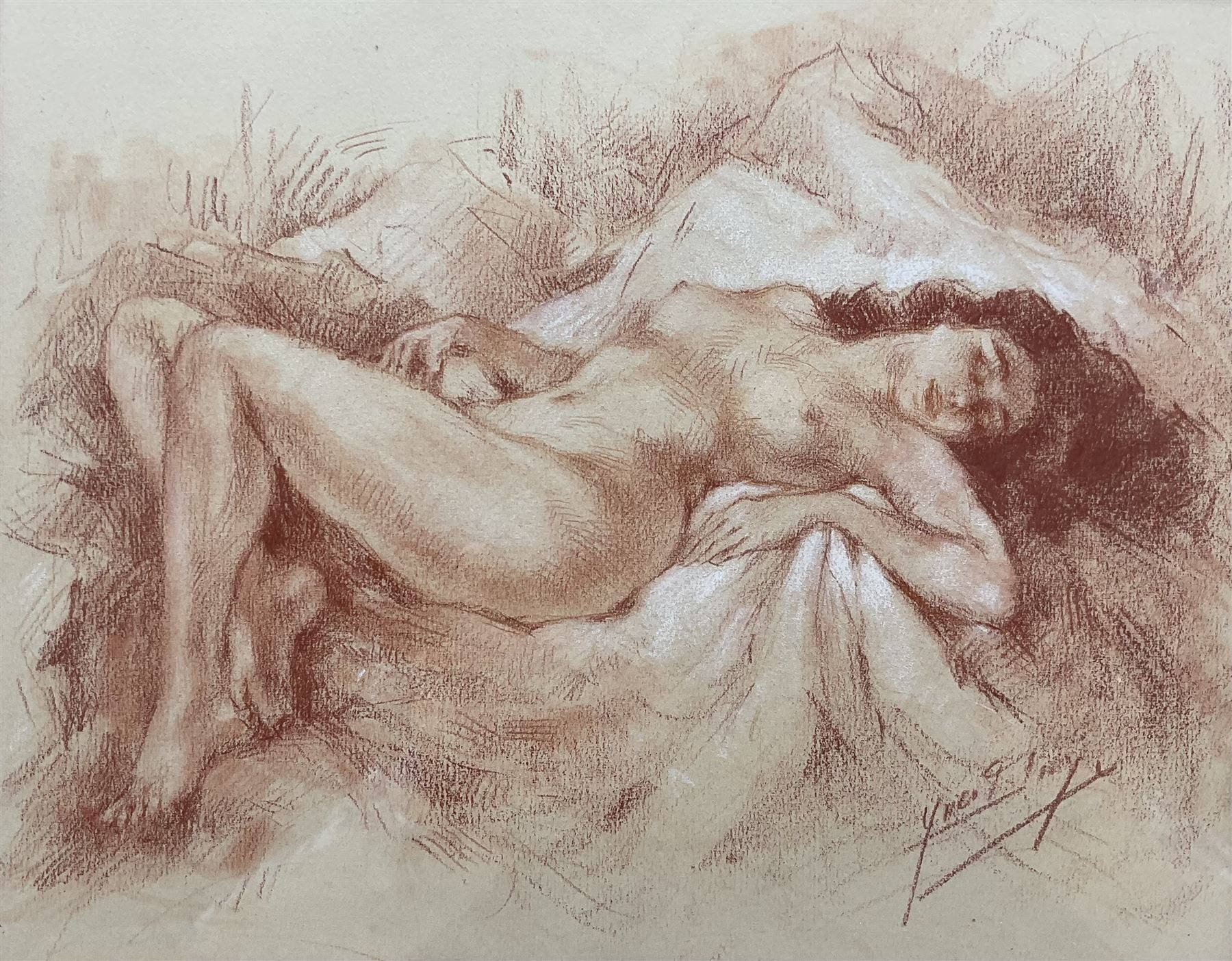 Yves Diey (French 1892-1984): Female Reclining Nude, sanguine crayon/chalk drawing signed 21cm x 27cm