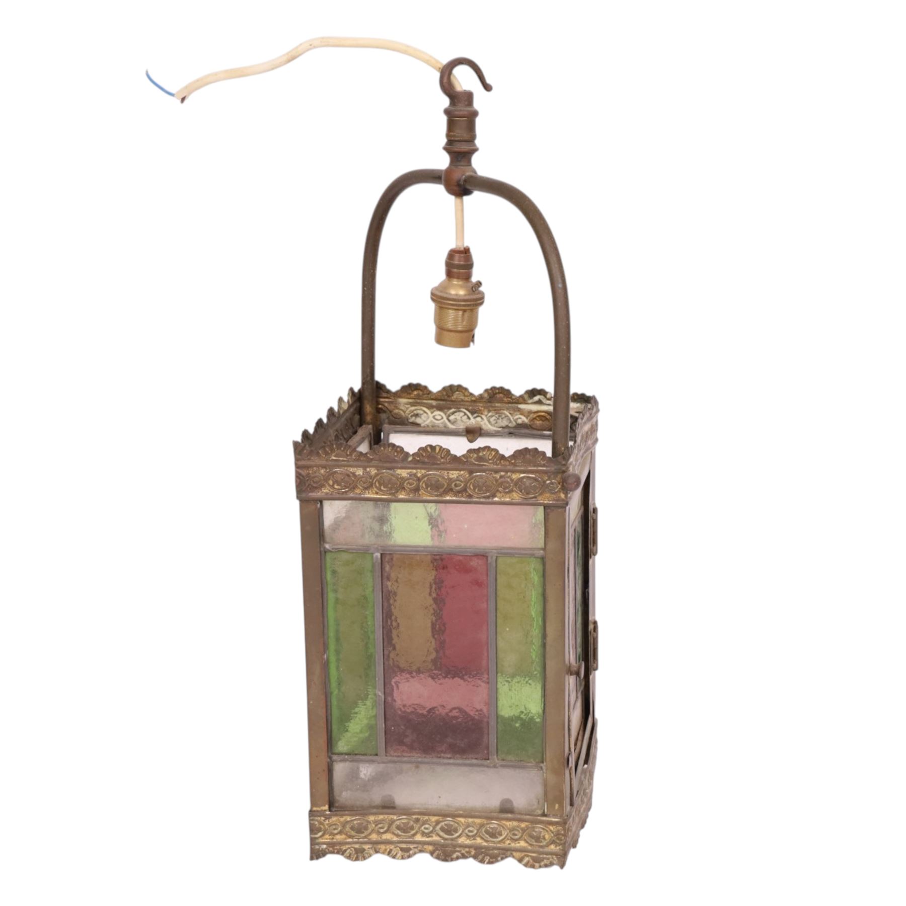 Victorian brass and stained glass hall lantern, H47cm