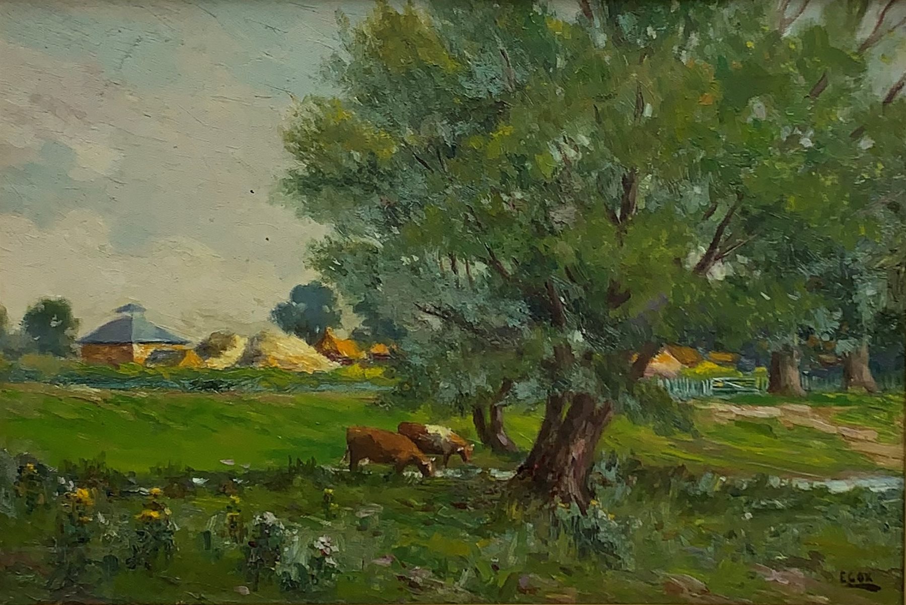 Ernest Cox (British exh.1909-1938): Cattle 'In Wilford' Nottingham, oil on board signed, titled verso 26cm x 39cm