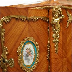 Late 19th century French Louis XV style kingwood and ormolu mounted bonheur du jour, the upper section with a pierced three-quarter gallery over a pair of cupboard doors inset with Sèvres-style porcelain portrait plaques, enclosing a shelved interior over two short drawers, the serpentine top and apron richly mounted with gilt-bronze foliate and scroll motifs, single frieze drawer below on cabriole supports with acanthus cast sabots