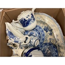 Quantity of Victorian and later blue and white ceramics, to include meat plates, tea wares, plates, tureens including examples by Mintons, Royal Doulton, Booths etc in five boxes