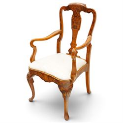 Set of eight (6+2) Dutch design walnut and floral marquetry dining chairs, the high backs with shaped cresting rail over a vasiform splat inlaid with Neoclassical urns and bouquets of foliage and bellflowers, ivory upholstered drop-in seat over scallop shell inlaid apron and cabriole supports with pad feet