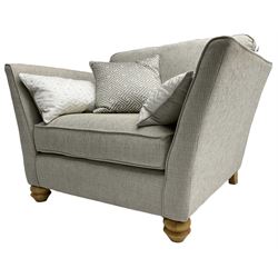 Oak Furnitureland - three-piece lounge suite upholstered in grey fabric, large three-seat sofa (W238cm, D106cm), two-seat sofa (W209cm), and snuggler sofa (W129cm)