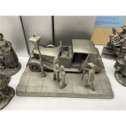 Twelve Franklin Mint pewter figures, to include some from the Cries of London series, together with a Franklin Mint 1937 Rolls Royce Phantom III pewter model and Danbury Mint Christmas bells