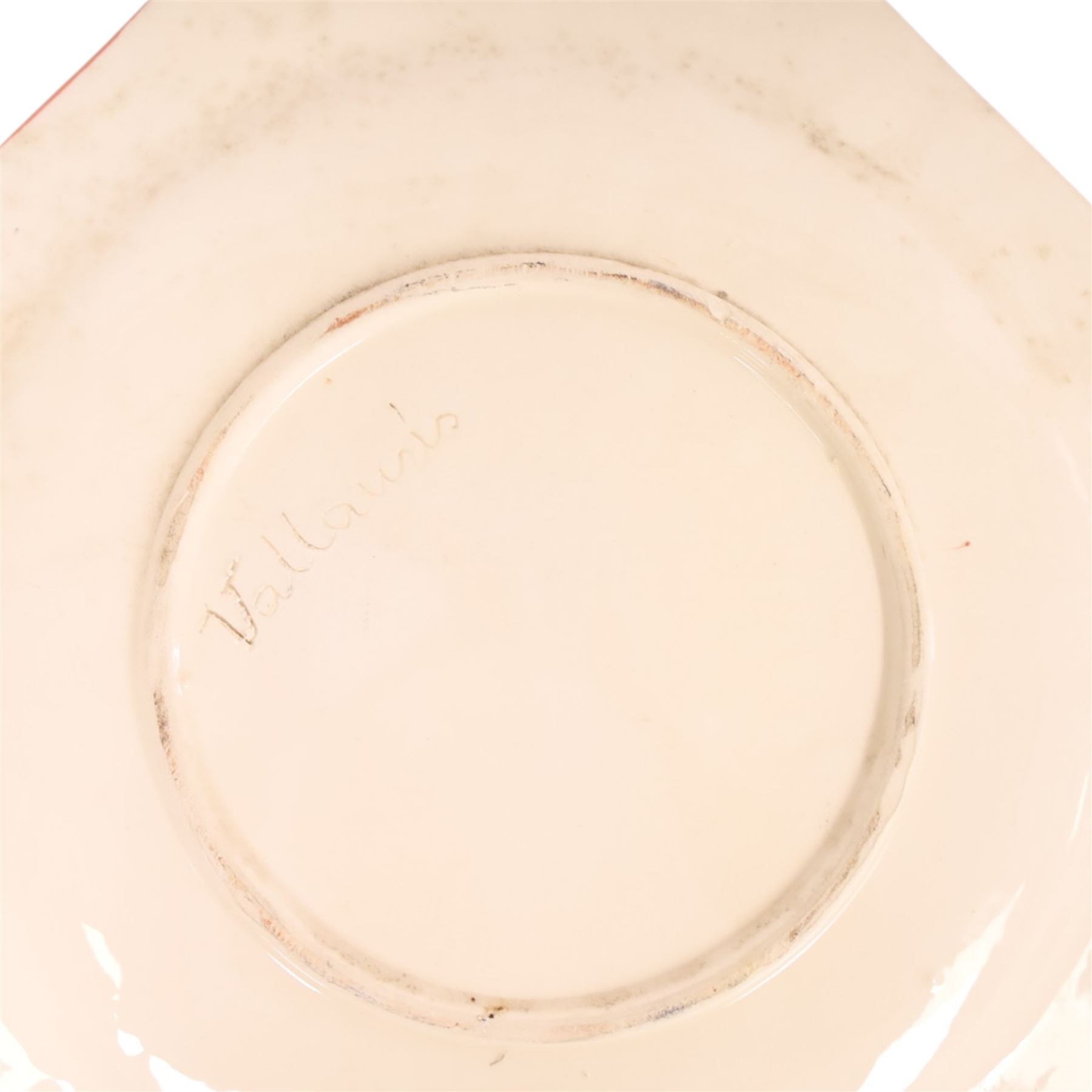 Vallauris French pottery by Patrick Bocca Rossa, jug painted with sun motifs upon a yellow ground, and an octagonal plate with a face to the center, both signed, jug H22cm 