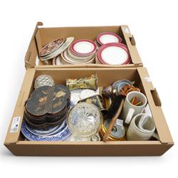 Quantity of Royal Worcester regency pattern dinnerware, oriental lacquered nest of boxes, and other items in two boxes