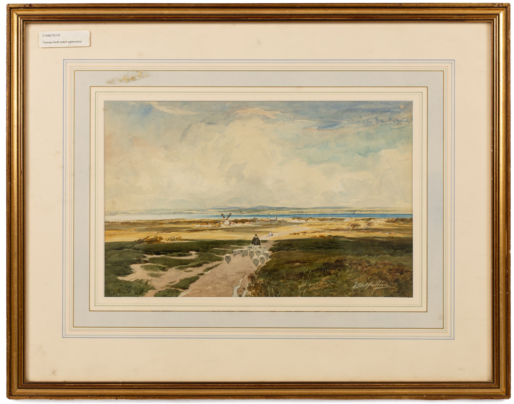Thomas Swift Hutton (British 1860-1935): Shepherd Herding Flock through a Flat Landscape, watercolour signed 20.5cm x 32.5cm