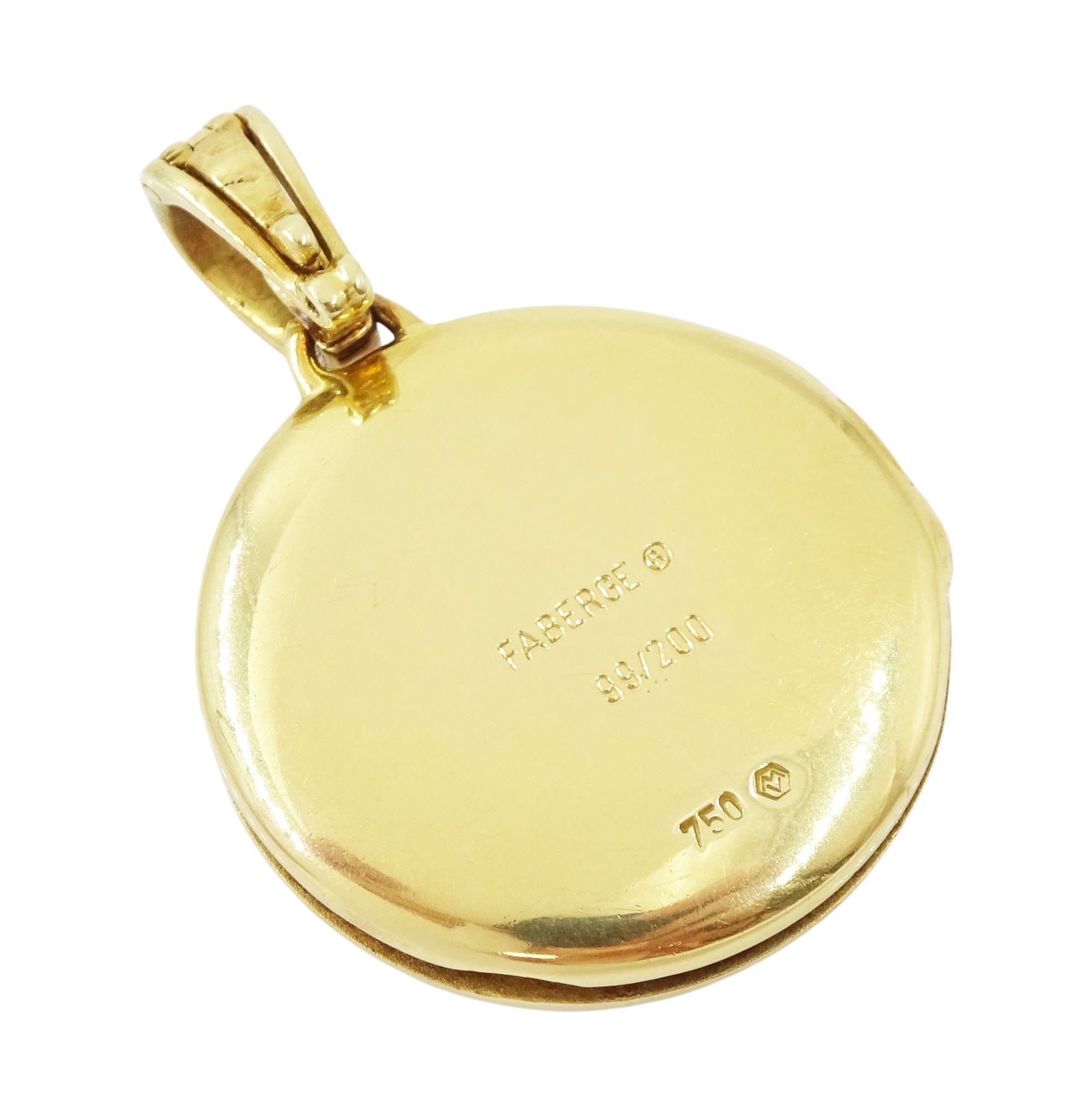 Victor Mayer for Fabergé 18ct gold pendant, guilloche blue enamel circular locket set with a single round brilliant, with a diamond set bail, stamped 750, boxed with certificate