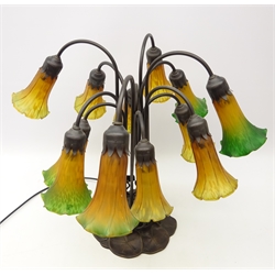  Art Nouveau style multi light table lamp, leaf cast metal moulded base with twelve mottled glass flower shaped shades, H54cm  (This item is PAT tested - 5 day warranty from date of sale)  