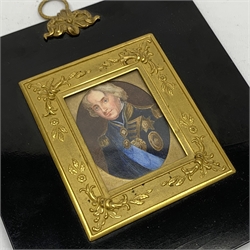 19th Century English School - half length portrait miniature , of Admiral Lord Nelson in uniform, watercolour, oval, 6 x 5cm, in black frame with gilt metal mounts