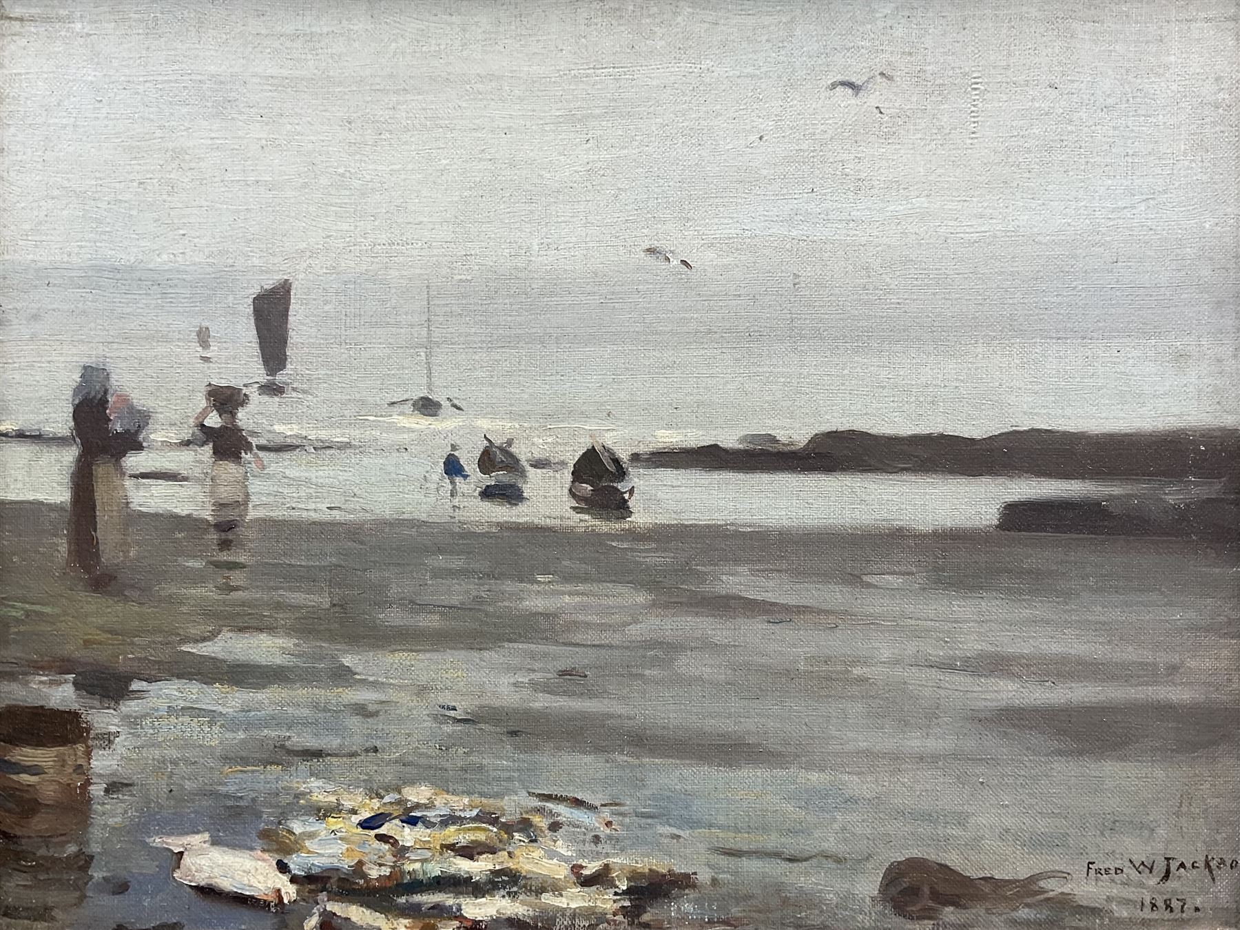 Frederick William Jackson (Staithes Group 1859-1918): 'The Harvest of the Sea', oil on canvas board signed and dated 1887, original title label verso with artist's Oldham address 24cm x 32cm