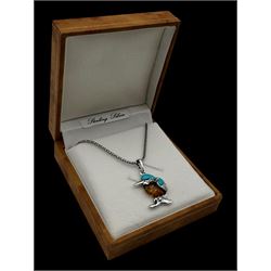 Silver Baltic amber and turquoise kingfisher pendant necklace, boxed