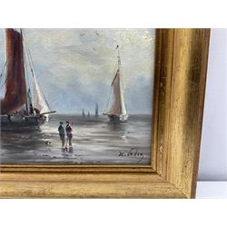 Hendrick Vader (Dutch 1928-1997): Figures and Boats on the Shoreline, oil on canvas signed 21cm x 26cm