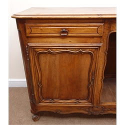  Early 20th century French style walnut dresser sideboard base, moulded top, two drawers and two cupboards flanking shell carving, scrolled cabriole feet, W180cm, H101cm, D56cm  