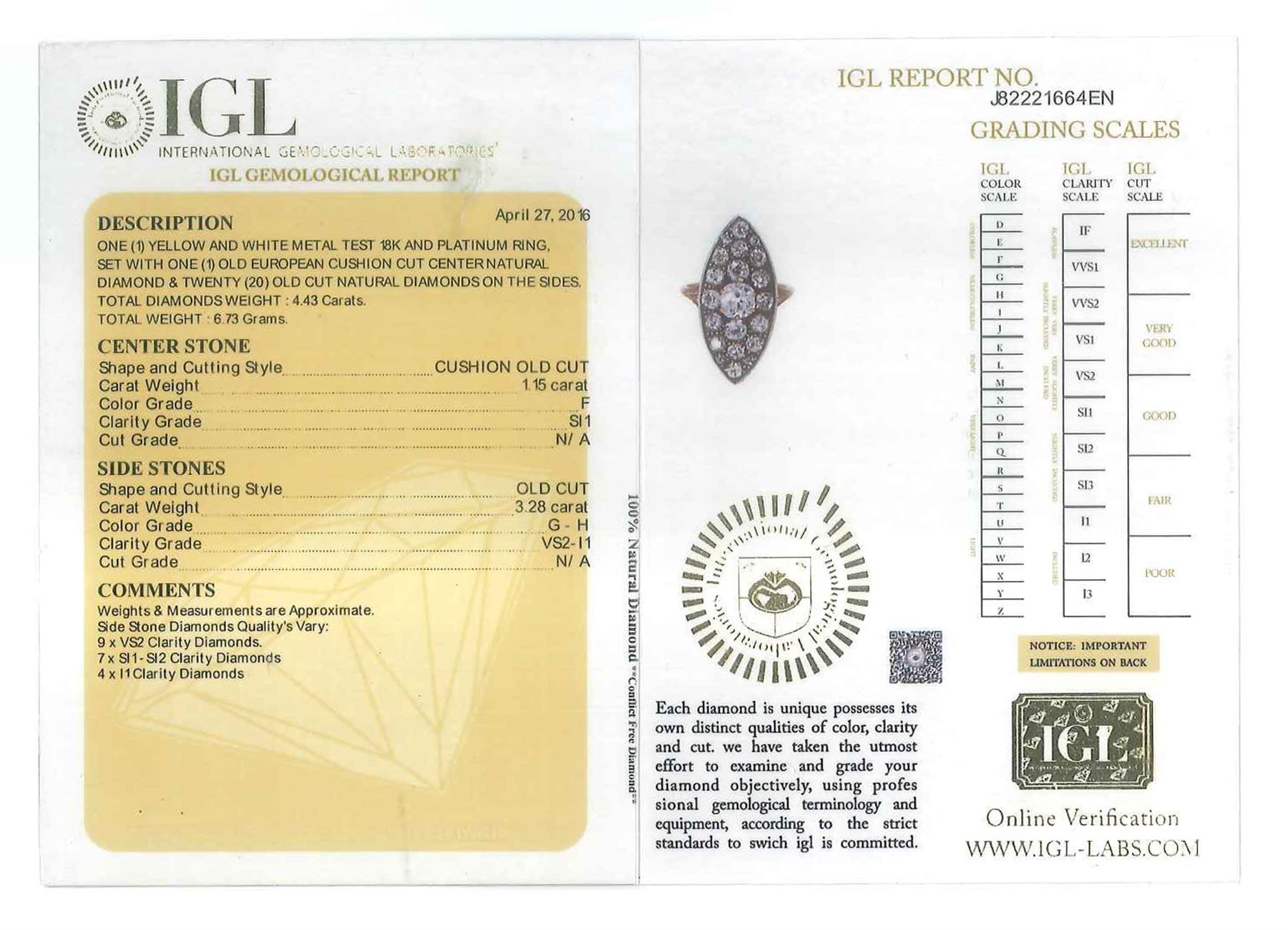 19th century 18ct gold and silver diamond marquise shaped cluster ring, the principal old cut cushion cut diamond of 1.15 carat, in a six claw setting, with pave set old cut diamond surround of 3.28 carat, pierced scroll design gallery and fleur-de-lis shoulders, French (Paris) import mark, total diamond weight 4.43 carat, with IGI report