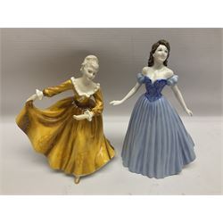 Three Royal Doulton figures, comprising Anna HN4391, Kirsty HN2381 and Deborah HN4468, together with a similar Coalport figure and ten smaller Coalport figures (14)