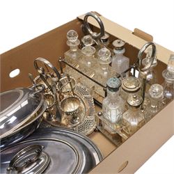 Two glass and silver plated six bottle cruets, plated egg cruet and two entree dishes